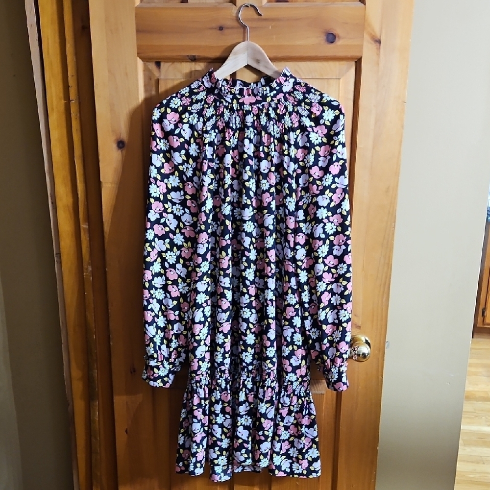 kate spade Black Floral Long-Sleeve Dress with Pink & White Flowers